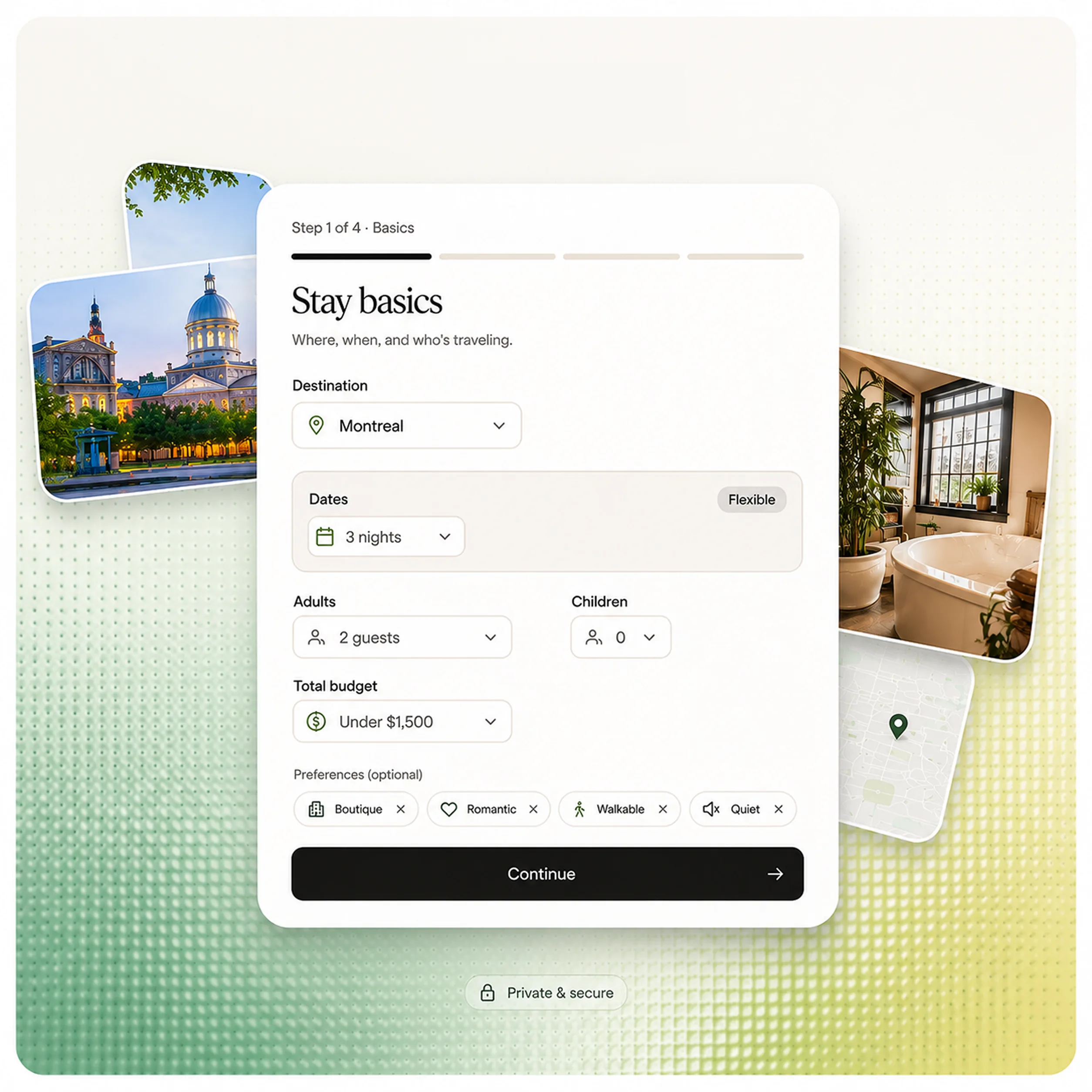 Roamer stay basics form showing destination, dates, guests, budget, and preferences