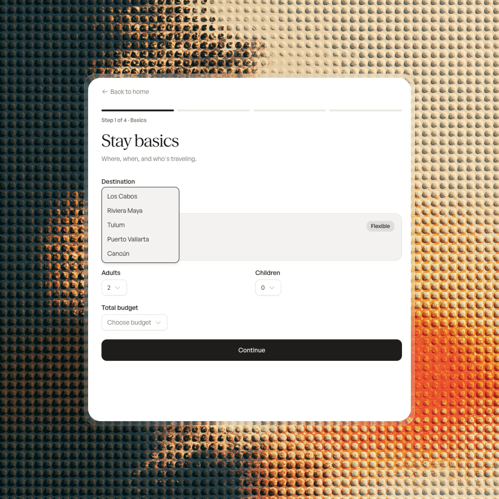 Stay basics form showing destination, travelers, and budget